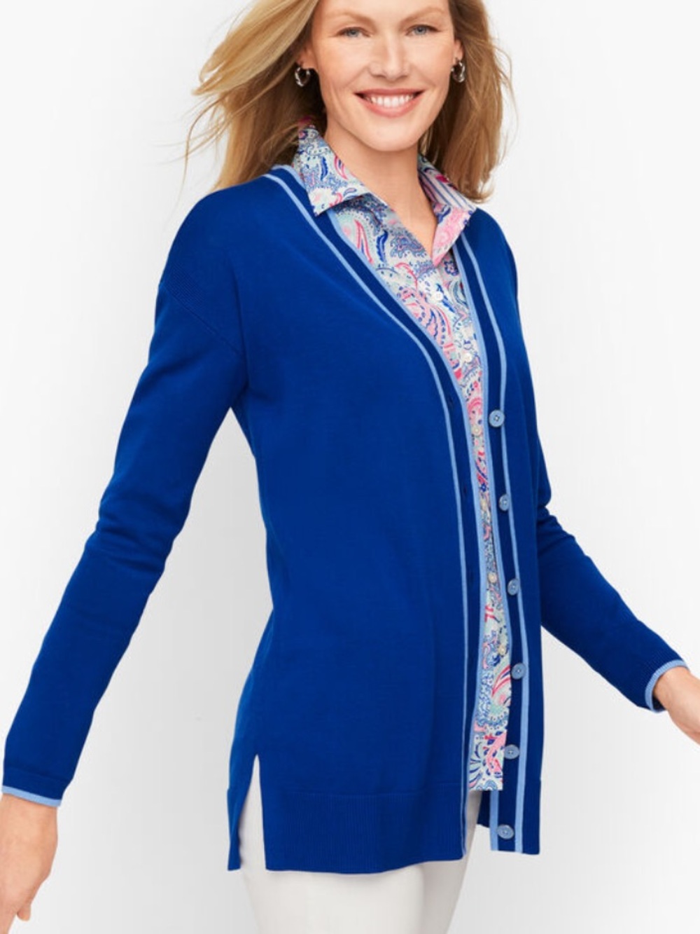 Talbots Tipped Girlfriend Royal Blue Button-Front Cardigan medium